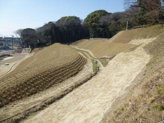 市役所旧本庁舎跡地の復元された土塁の写真