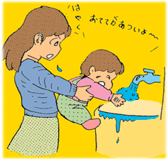 お母さんが抱っこして子どもが流水に手をつけているイラスト