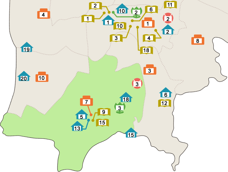 北里小学校区の地図 全ての施設