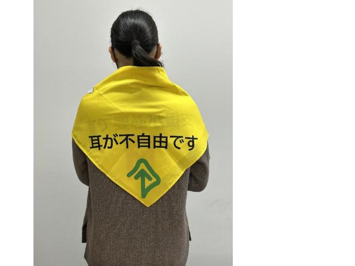 バンダナは三角形に折り肩に羽織って使用します。周囲に自身の状態を示します。